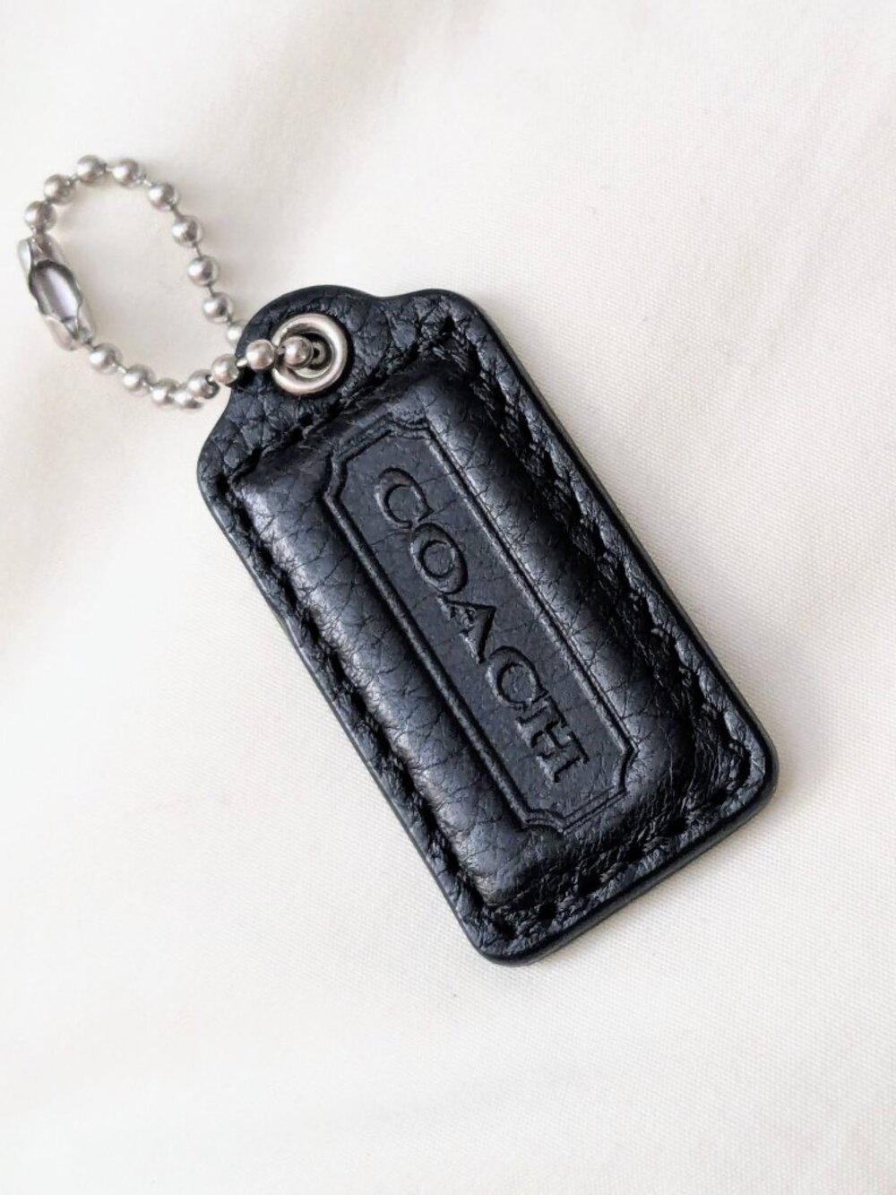 Coach Hang Tag 2" Charm Black Pebble Leather Silver Nickel Ball Chain Y2K